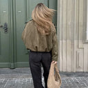 Women Bomber Jacket جاكيت بومبر نسائي بتصميم Vintage مع Turn-Down Collar وأكمام طويلة