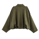 Women Bomber Jacket جاكيت بومبر نسائي بتصميم Vintage مع Turn-Down Collar وأكمام طويلة