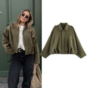 Women Bomber Jacket جاكيت بومبر نسائي بتصميم Vintage مع Turn-Down Collar وأكمام طويلة