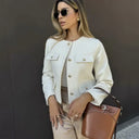 Fashion Women Cropped Jacket جاكيت نسائي قصير بأكمام طويلة Button Coat بتصميم أنيق 2025