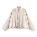 Women Bomber Jacket جاكيت بومبر نسائي بتصميم Vintage مع Turn-Down Collar وأكمام طويلة