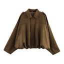 Women Bomber Jacket جاكيت بومبر نسائي بتصميم Vintage مع Turn-Down Collar وأكمام طويلة