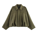 Women Bomber Jacket جاكيت بومبر نسائي بتصميم Vintage مع Turn-Down Collar وأكمام طويلة