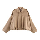 Women Bomber Jacket جاكيت بومبر نسائي بتصميم Vintage مع Turn-Down Collar وأكمام طويلة