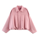 Women Bomber Jacket جاكيت بومبر نسائي بتصميم Vintage مع Turn-Down Collar وأكمام طويلة