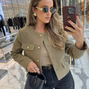 Fashion Women Cropped Jacket جاكيت نسائي قصير بأكمام طويلة Button Coat بتصميم أنيق 2025