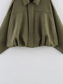 Women Bomber Jacket جاكيت بومبر نسائي بتصميم Vintage مع Turn-Down Collar وأكمام طويلة