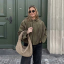 Women Bomber Jacket جاكيت بومبر نسائي بتصميم Vintage مع Turn-Down Collar وأكمام طويلة