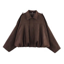 Women Bomber Jacket جاكيت بومبر نسائي بتصميم Vintage مع Turn-Down Collar وأكمام طويلة